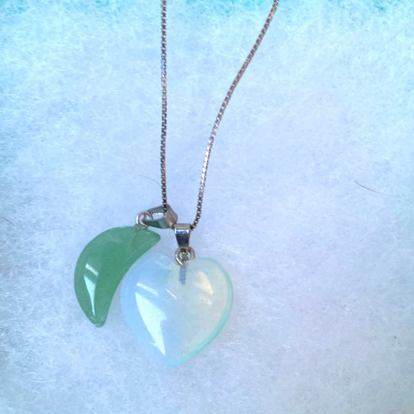 Hand Crafted Jewelry - Opal heart and Jade moon sterling silver 16” necklace